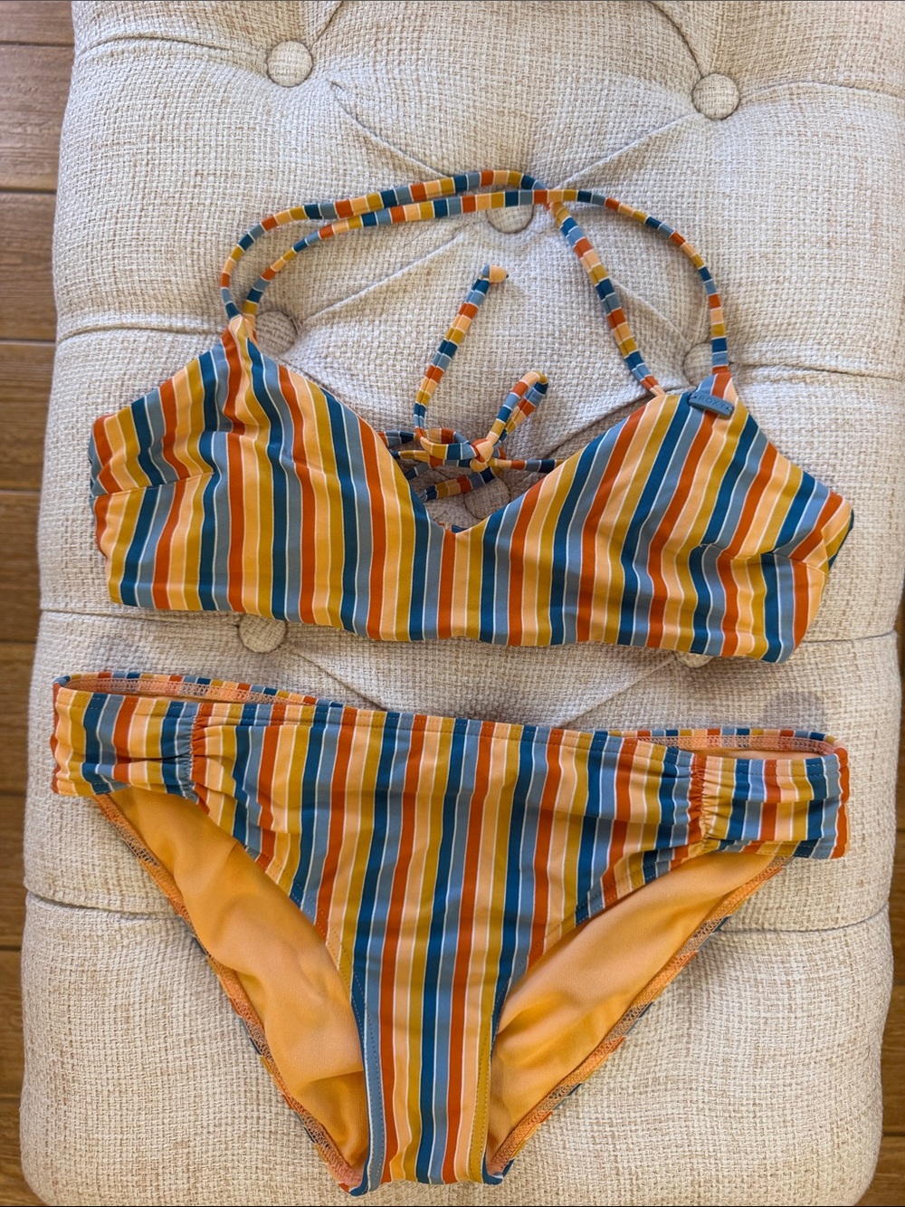 Roxy Striped Two-Piece Bikini - Orange, Blue, Yellow No Pads M
